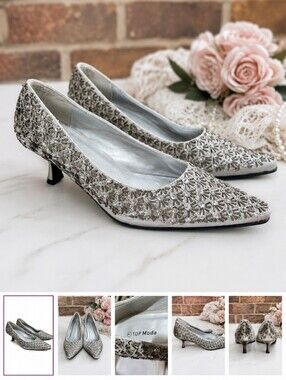 Elegant Women's Pointed Toe Beaded Sequenced Metallic Heels -Silver Size 7